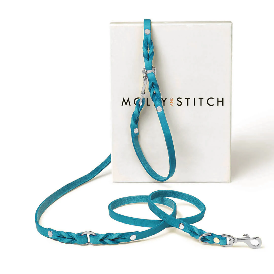 MOLLY & STITCH Butter Leather 3x verstellbare Hundeleine – Fiji Blue - Größe M